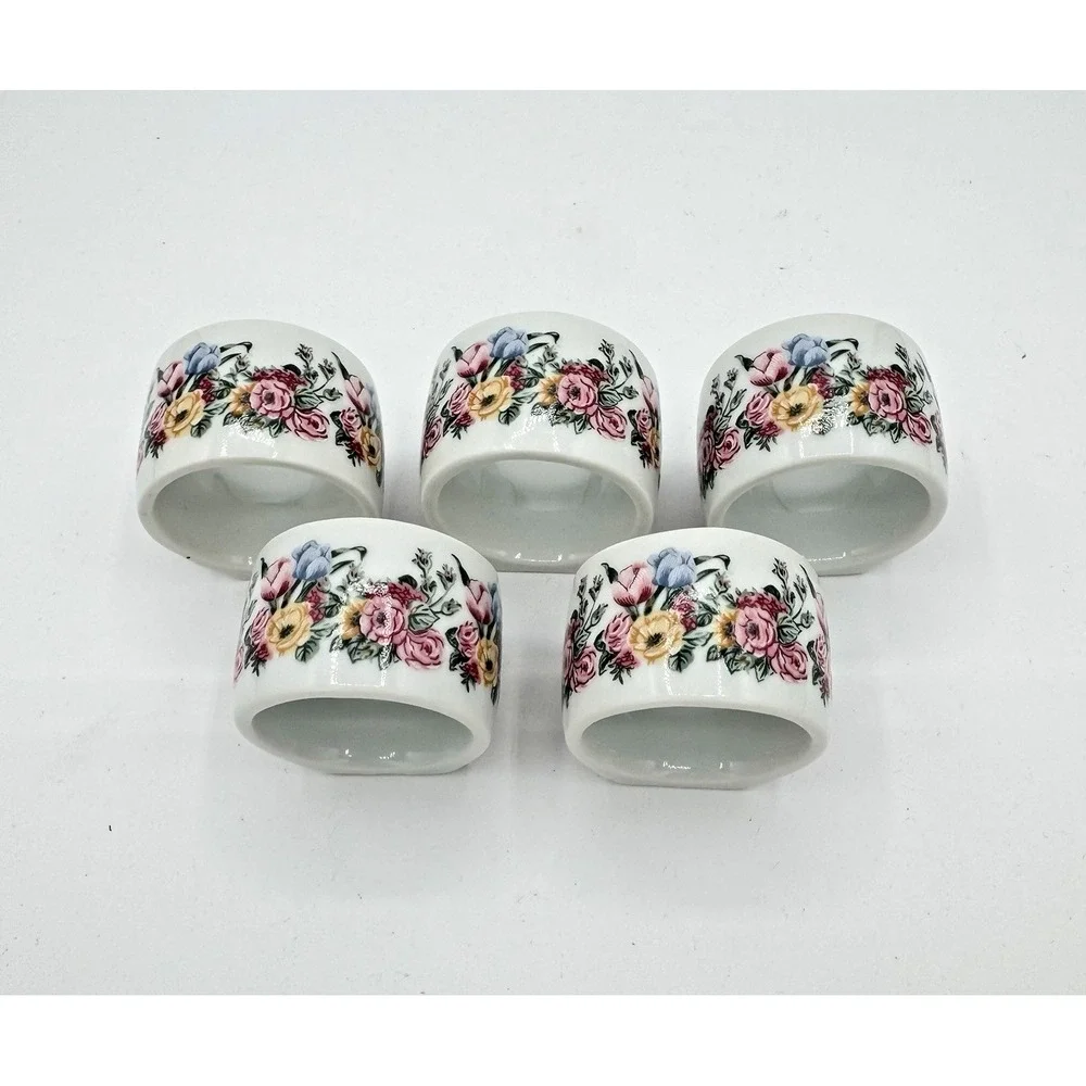 Floral Festival Napkin Rings Bill Blass Japan Vintage 1988 Porcelain Set of 5